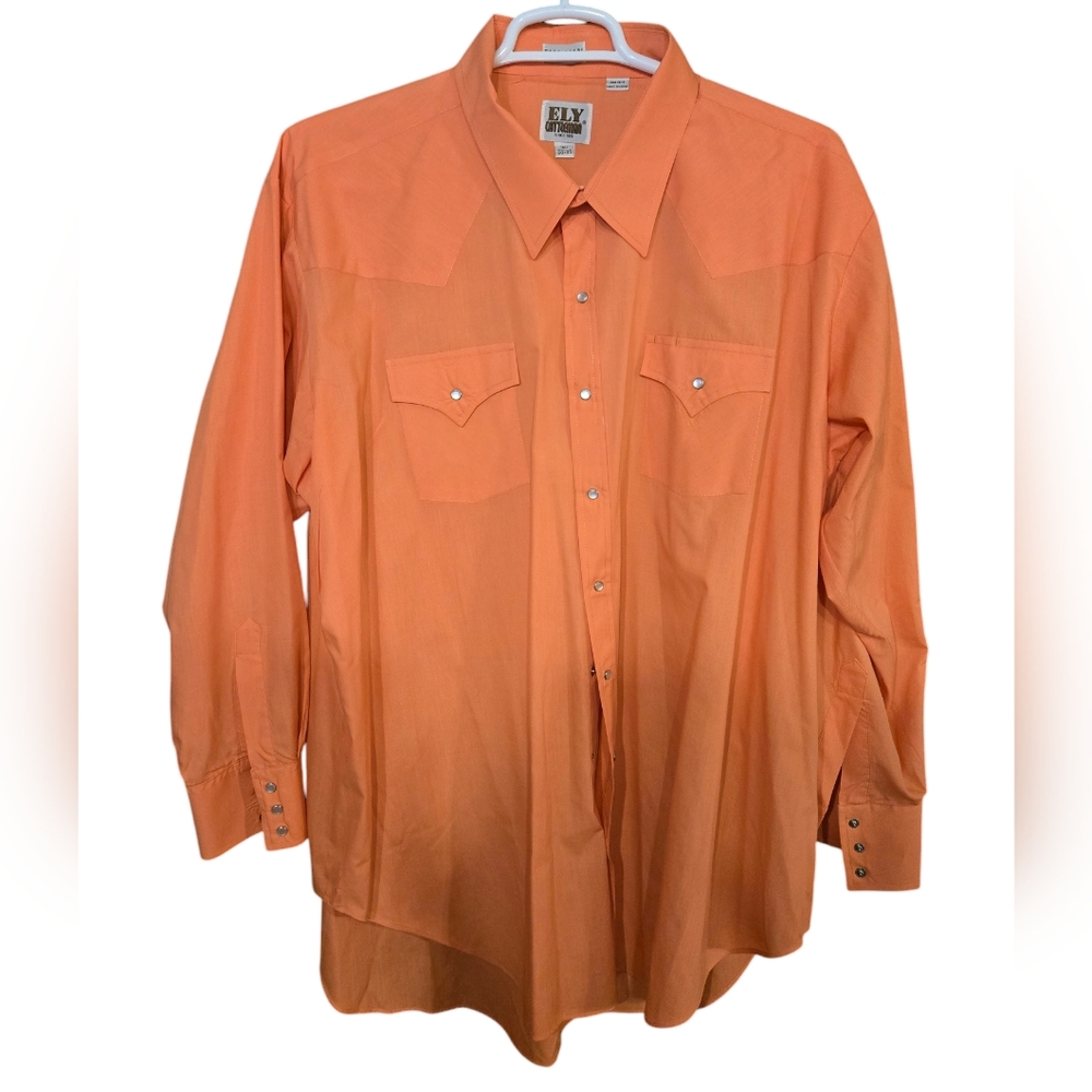 ELY Cattleman Tall Man 20x35 Men's Orange Pearl Snap Long Sleeve Western Shirt